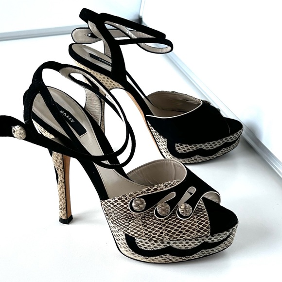 Bally Ilya Heels- US 6 / EU 36.5 - Black suede and neutral snakeskin - Picture 2 of 6